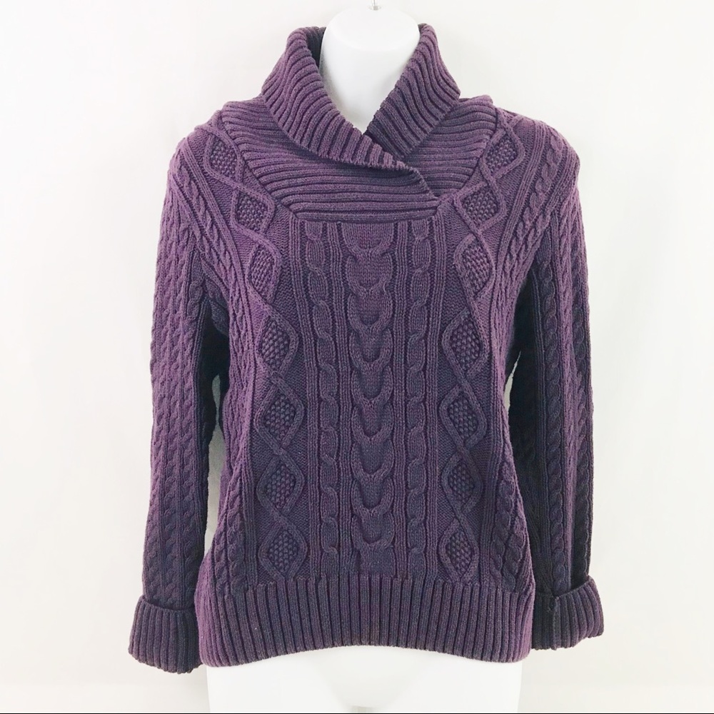 JEANNE PIERRE Purple Cable Knit Cowl Neck Sweater